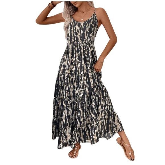 SHEIN LUNE Holiday‎ Casual Random Printed Strappy Dress Maxi - Size Large - Picture 1 of 6
